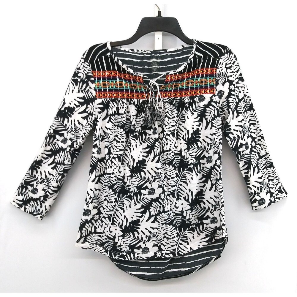 Westbound Shirt Women Size S Black White Floral 3/4 Roll Tab Sleeve Tie V-Neck
